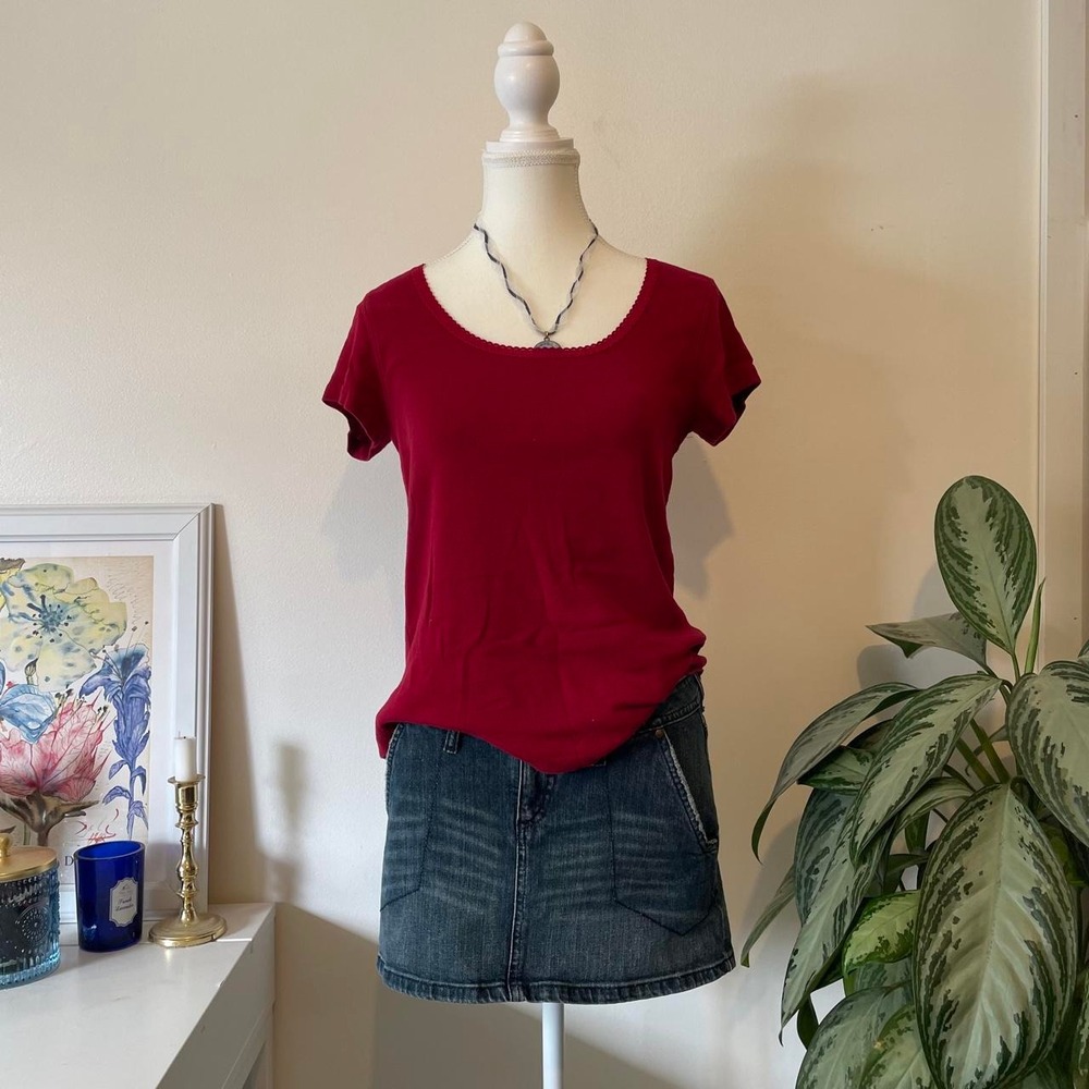 Y2k Cotton Red T Shirt with Pointelle Detail Womens Sz S Minimalist Academia